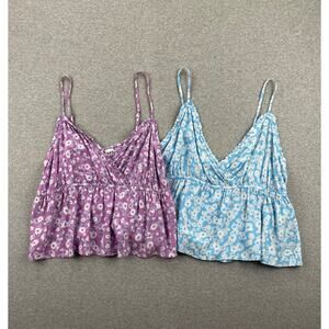 Lot of 2 ABOUND Babydoll Cami Tank Tops Women L Blue Purple Floral Flared Peplum